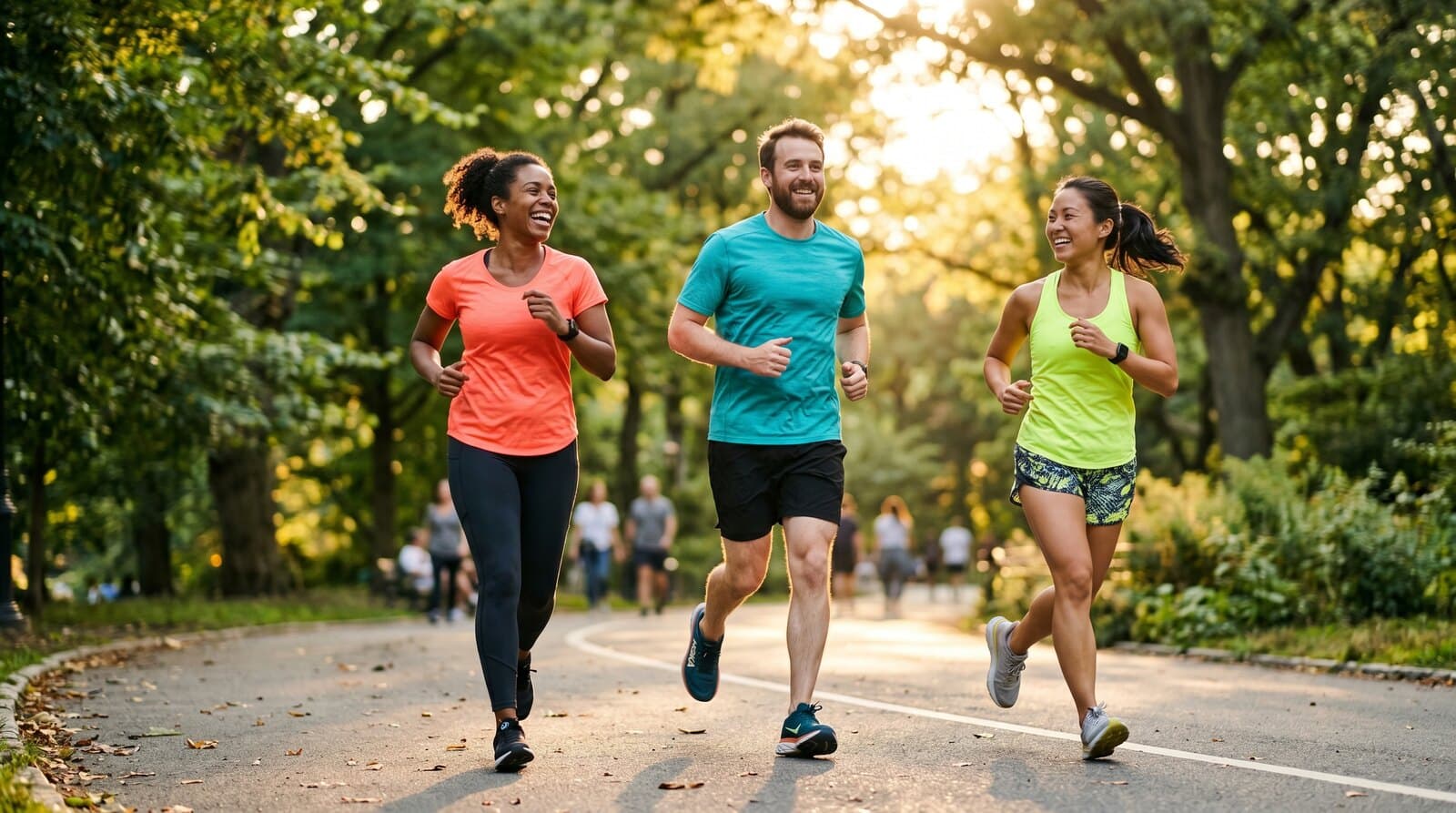 Three diverse adults jogging together on a sunlit park path in the golden-hour light