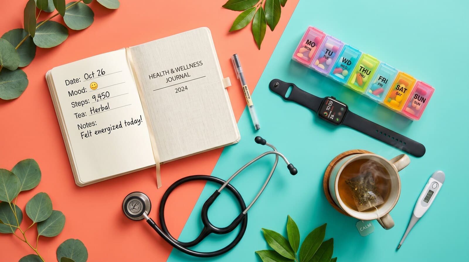 A warm overhead flatlay of wellness items on a coral and teal background — an open health and wellness journal, eucalyptus sprigs, a rainbow weekly pill organizer, a smartwatch, a coiled stethoscope, a steaming mug of herbal tea, and a thermometer