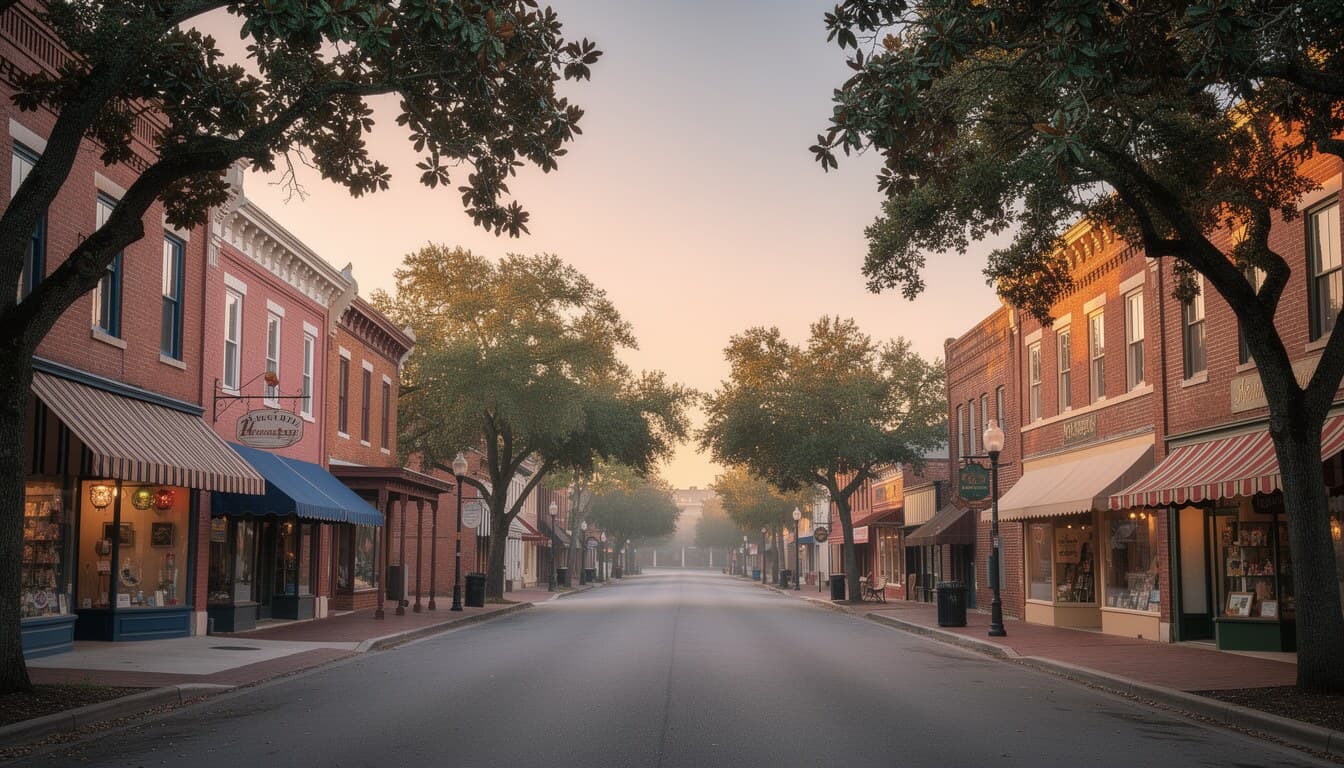 Tree-lined historic downtown street in Fayetteville, North Carolina, lit by warm morning sun