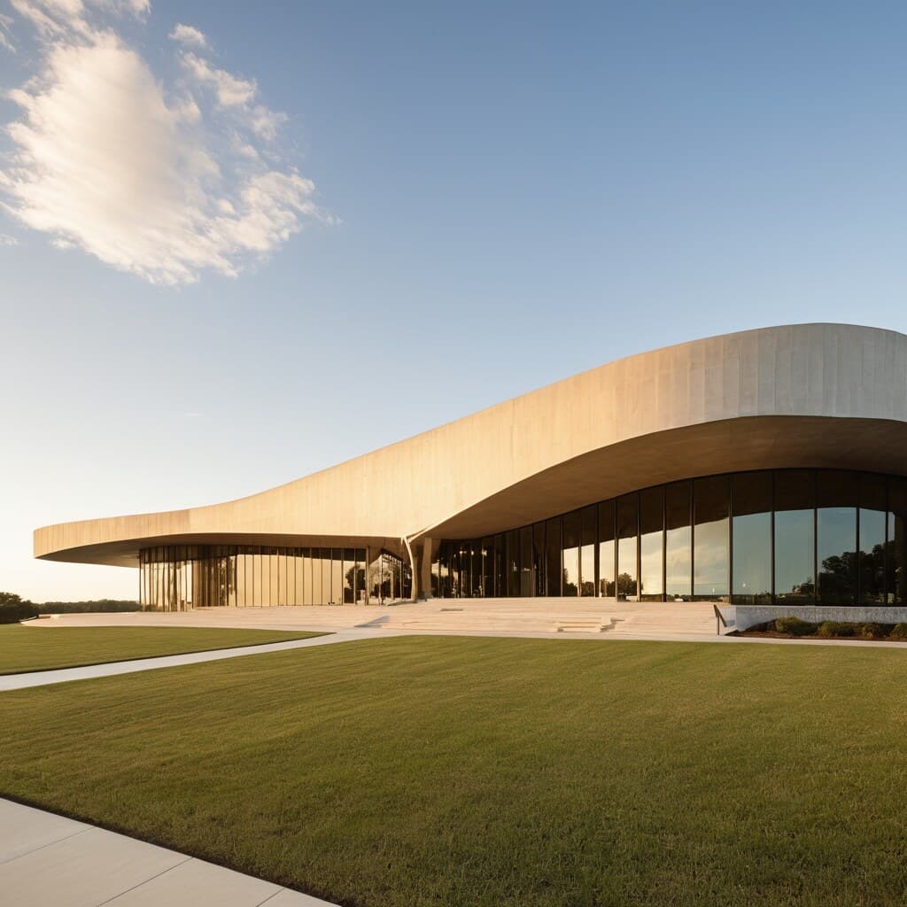 The U.S. Army Airborne and Special Operations Museum in Fayetteville, North Carolina — modern architecture with sweeping parachute-canopy roof panels lit by golden afternoon sun