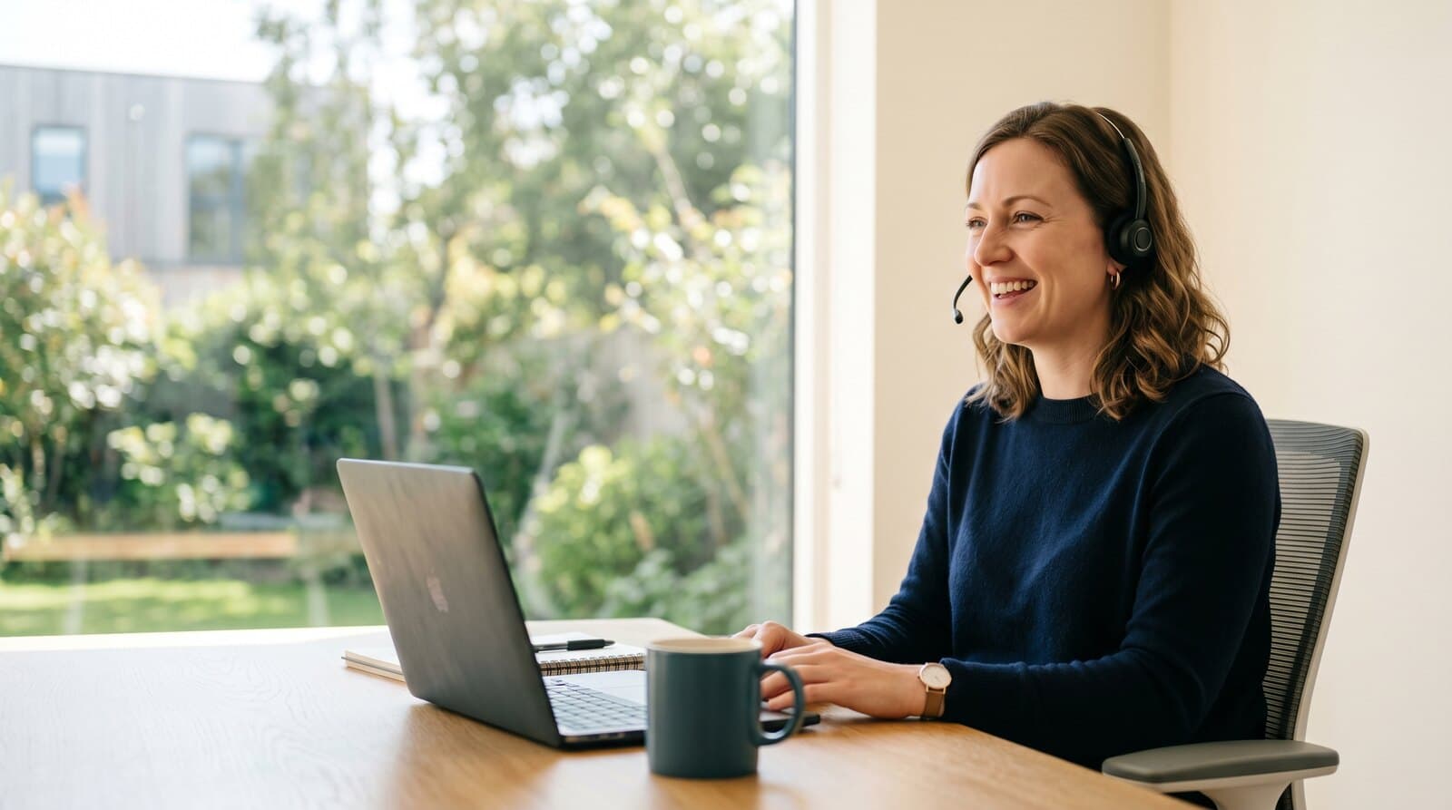 A friendly support representative wearing a headset, smiling during a call at a bright desk in soft natural light