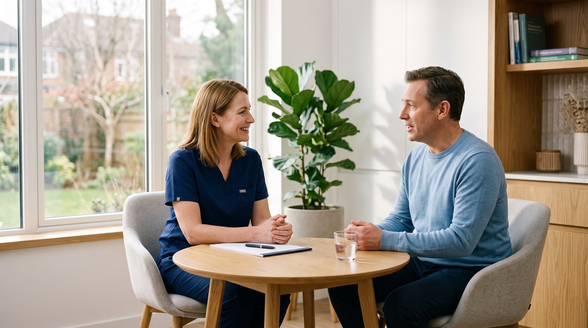 A clinician and a patient seated at a table in a bright consultation room, talking