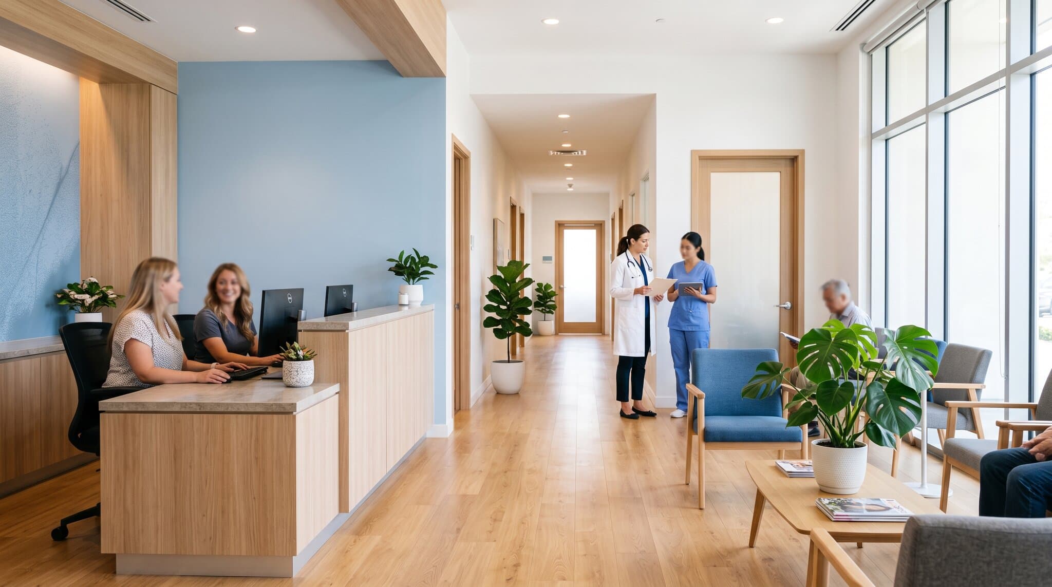 Bright, modern primary-care clinic interior with a physician and nurse conferring in the corridor