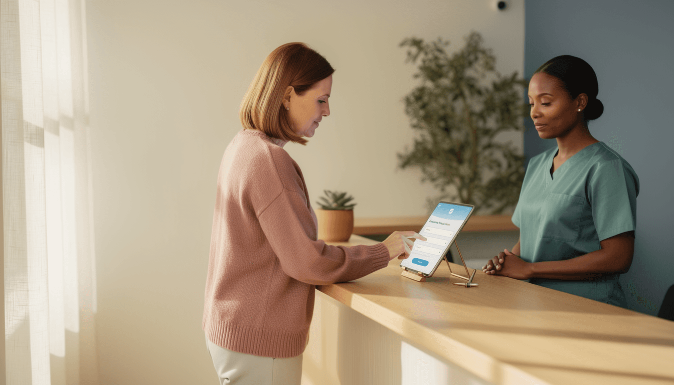 A patient filling out a digital intake form on a tablet at a friendly clinic reception counter