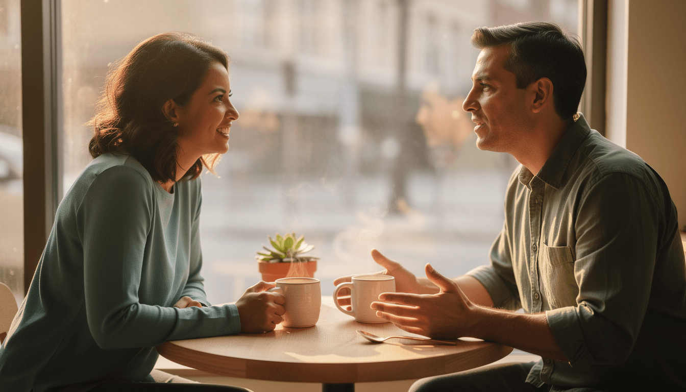Two friends at a sunlit cafe table in genuine conversation, one sharing their healthcare experience with the other