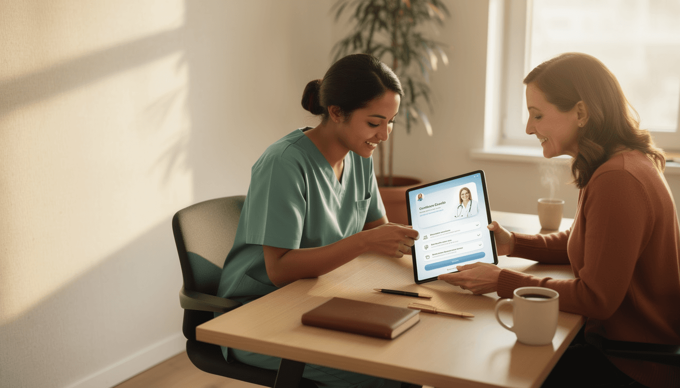 A clinician and a patient reviewing information together on a tablet at a warm wood desk