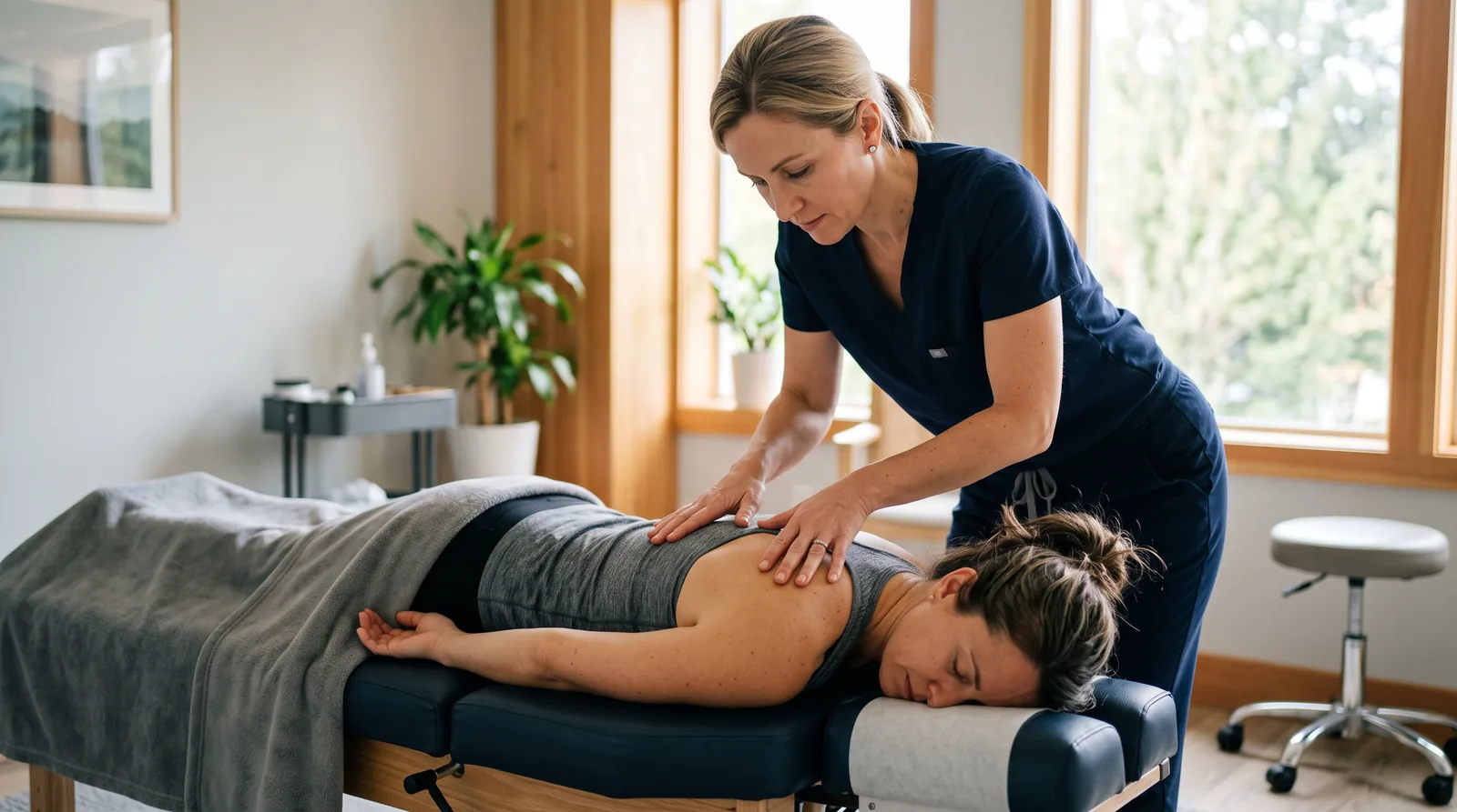 A chiropractor performing a gentle spinal adjustment on a patient lying on a treatment table in a bright clinic.