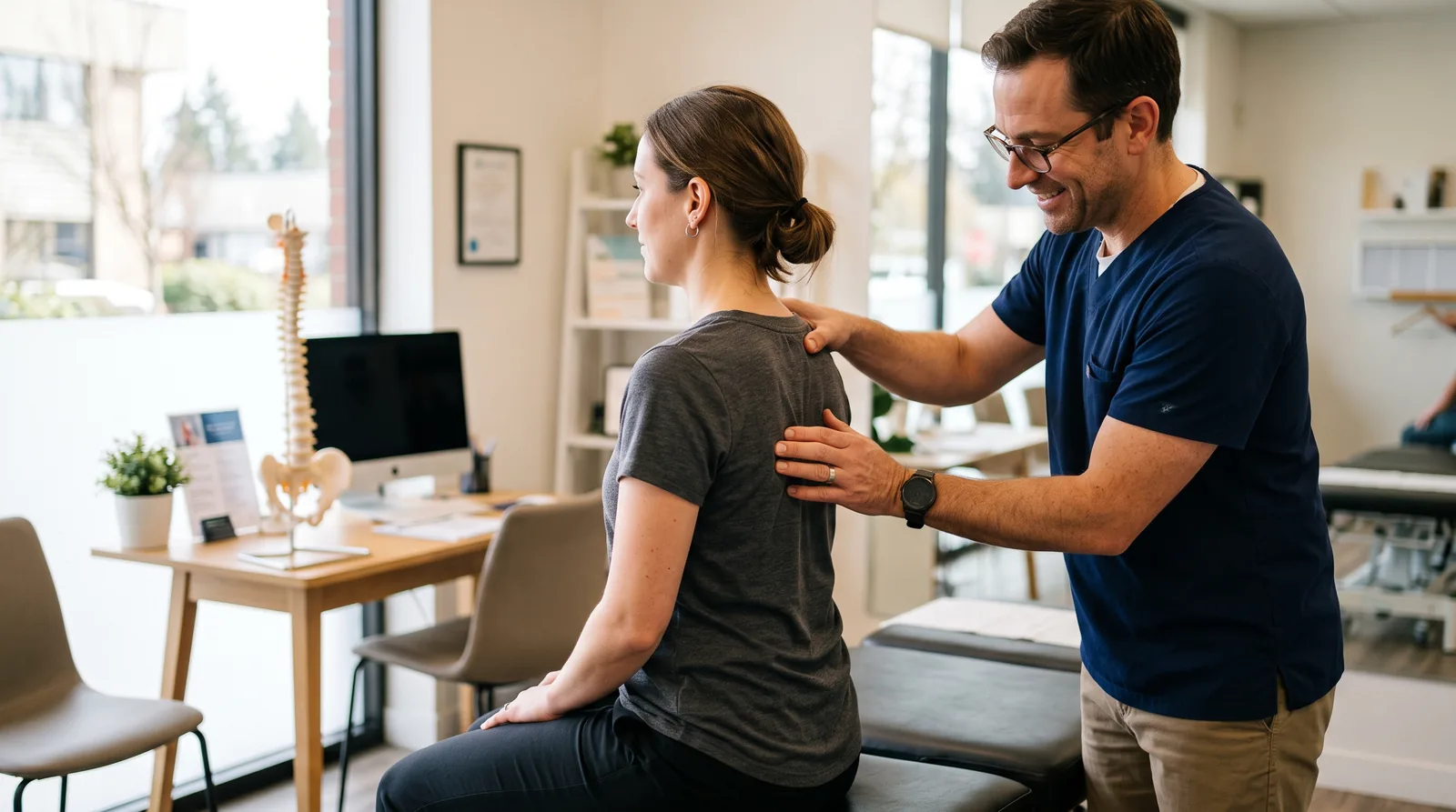 A chiropractor examining a patient's back and posture during an evaluation in a clinic.