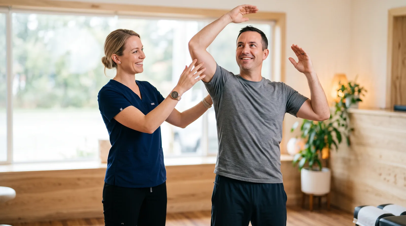A chiropractor coaching a smiling patient through a gentle stretching and posture exercise.