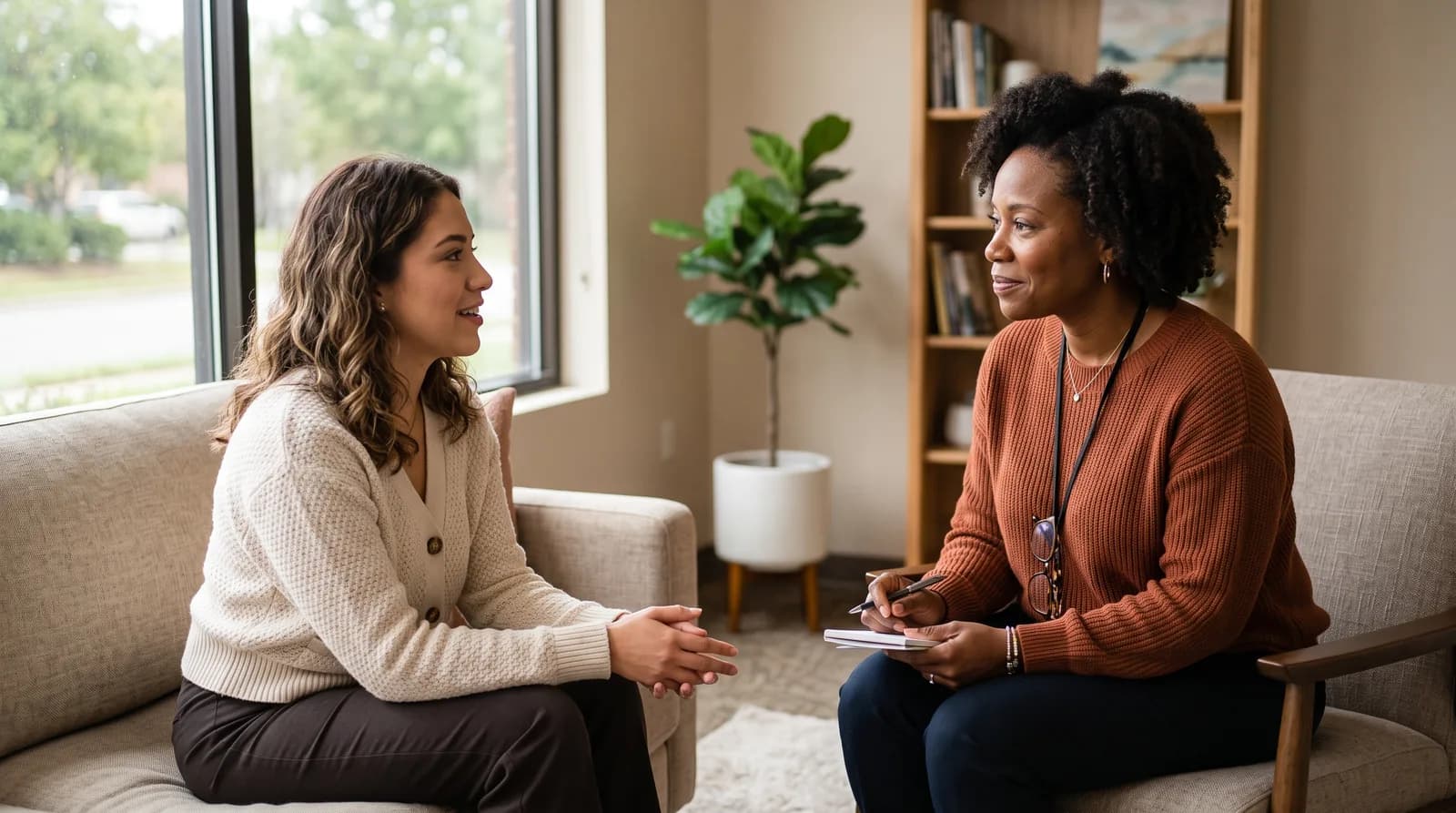 A licensed clinical social worker leaning in with an empathetic expression during a talk-therapy conversation with a client in a calm office.