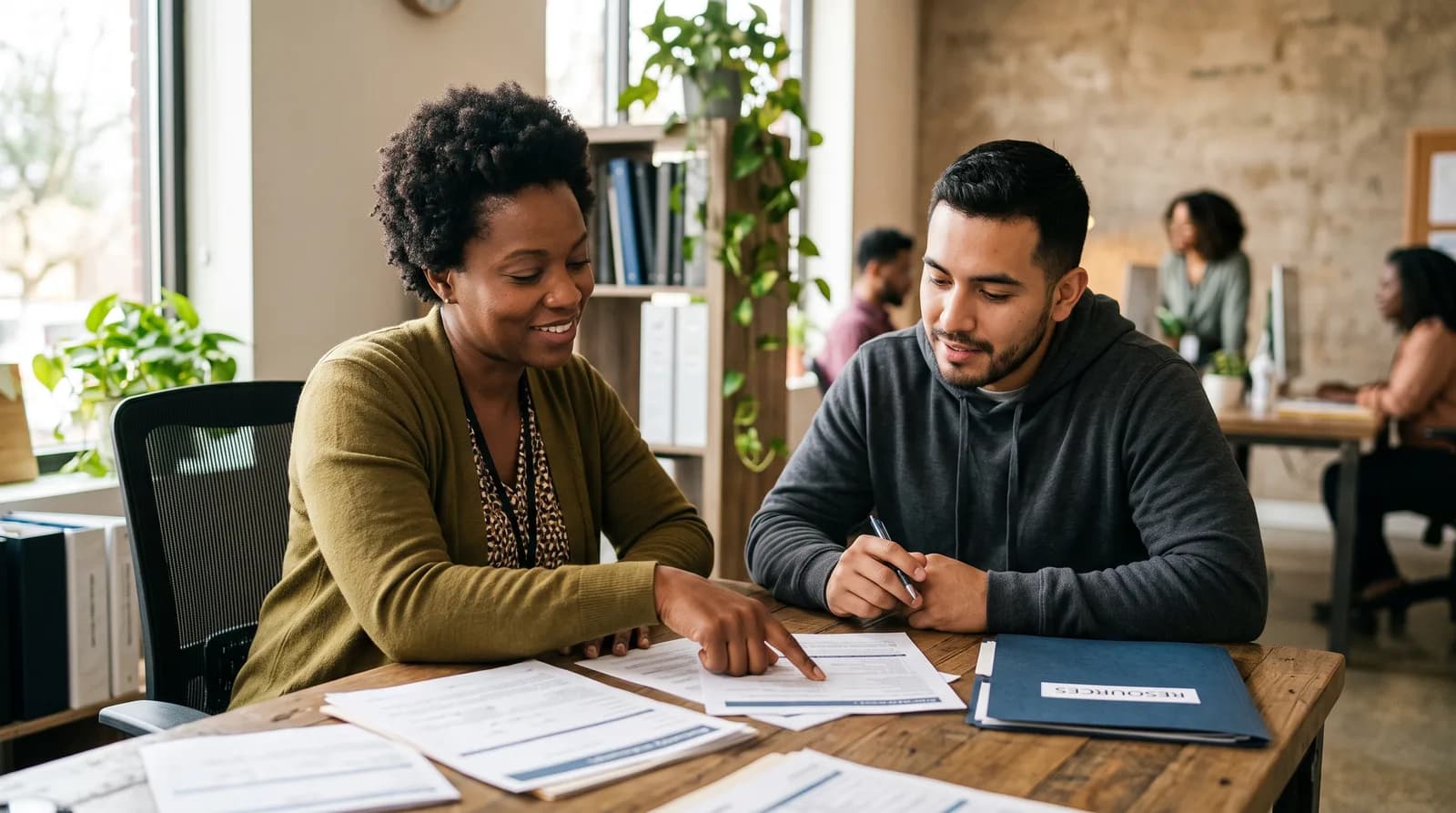 A social worker sitting beside a client at a desk, helping them review resource paperwork and connect to community services.