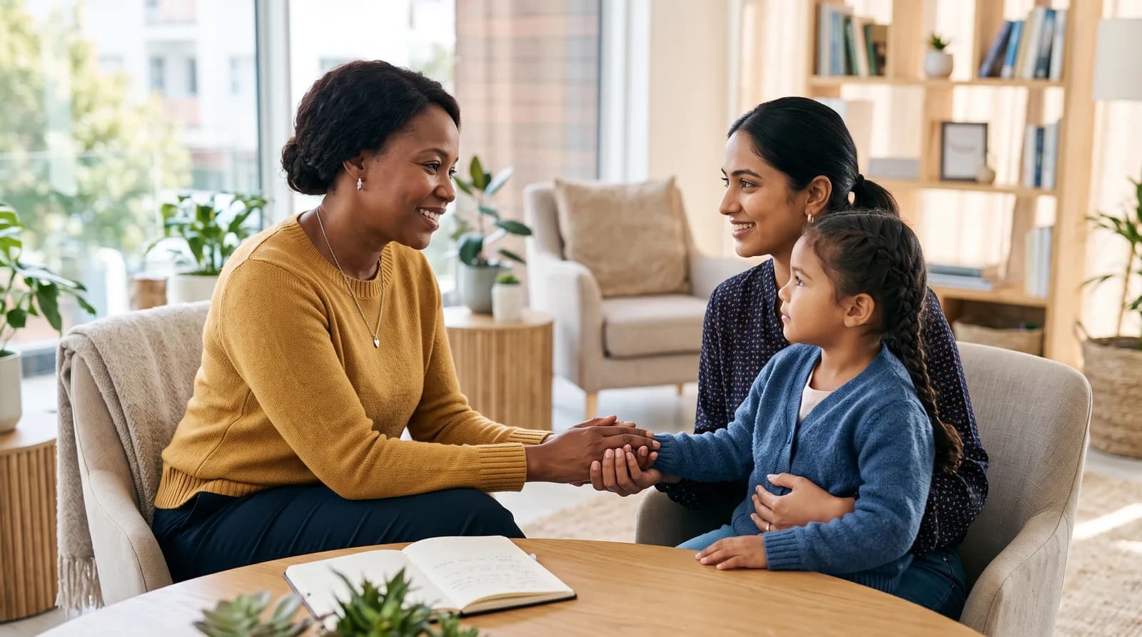 A social worker offering warm, supportive guidance to a parent and child together in a bright, welcoming office.