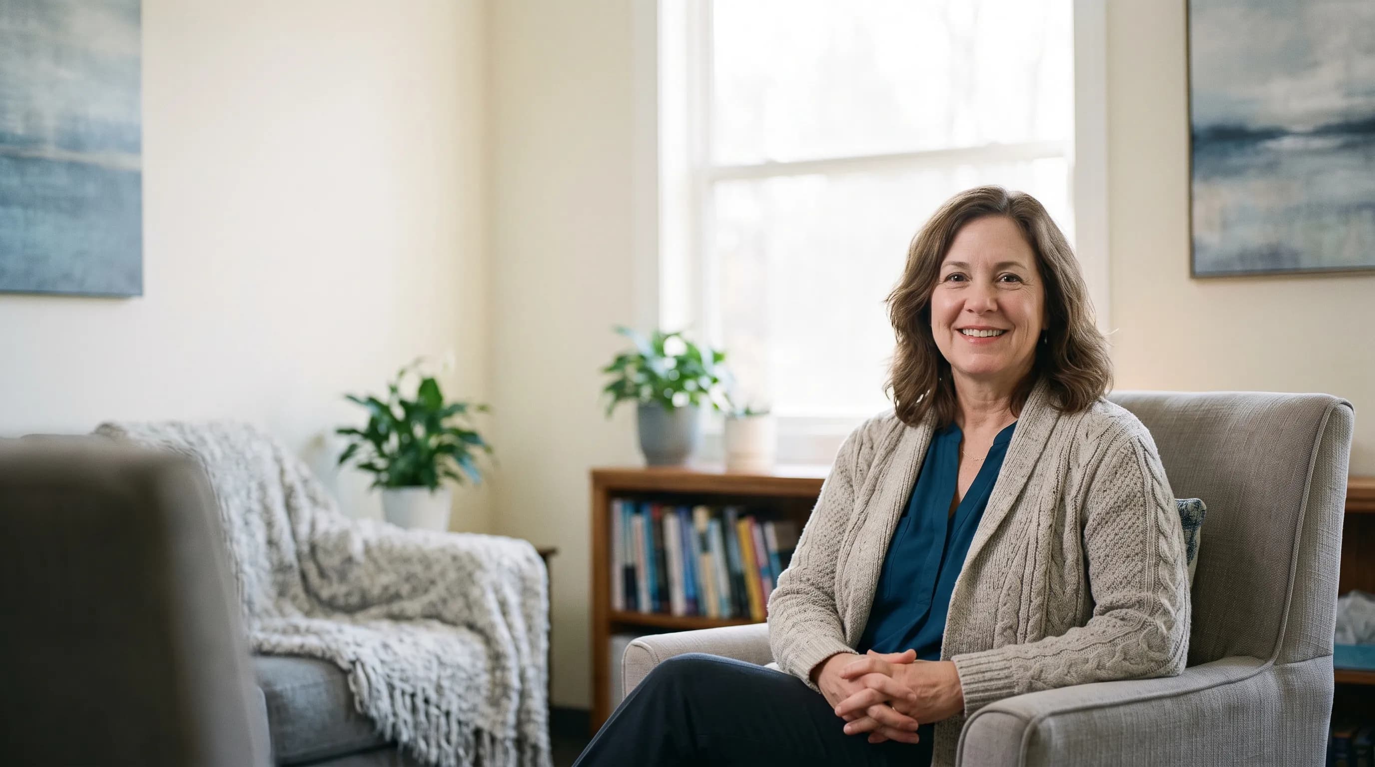 A licensed clinical social worker in a calm private office